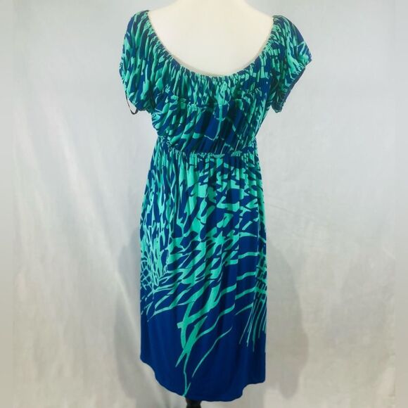 Glamour royal blue and jade green abstract print empire waist midi dress size 12 - Picture 3 of 4